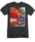 Montreal Memories Mr Hot Dog Sidewalk Cafe Scene Colorful Umbrellas Logo and Landmark Carole Spandau Carole Spandau T-Shirt