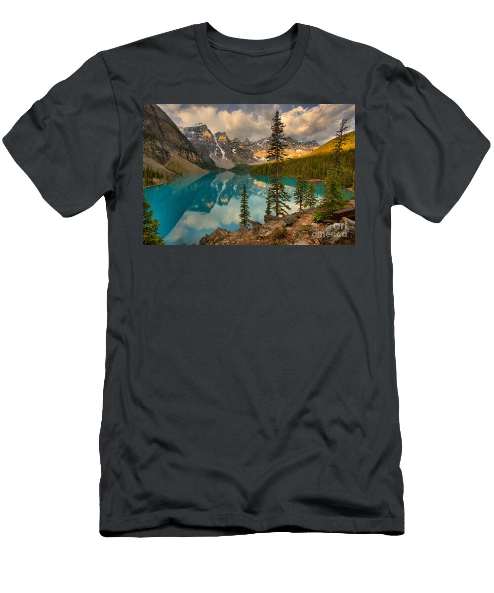 Moraine Lake Rockpile Sunrise Adam Jewell T-Shirt