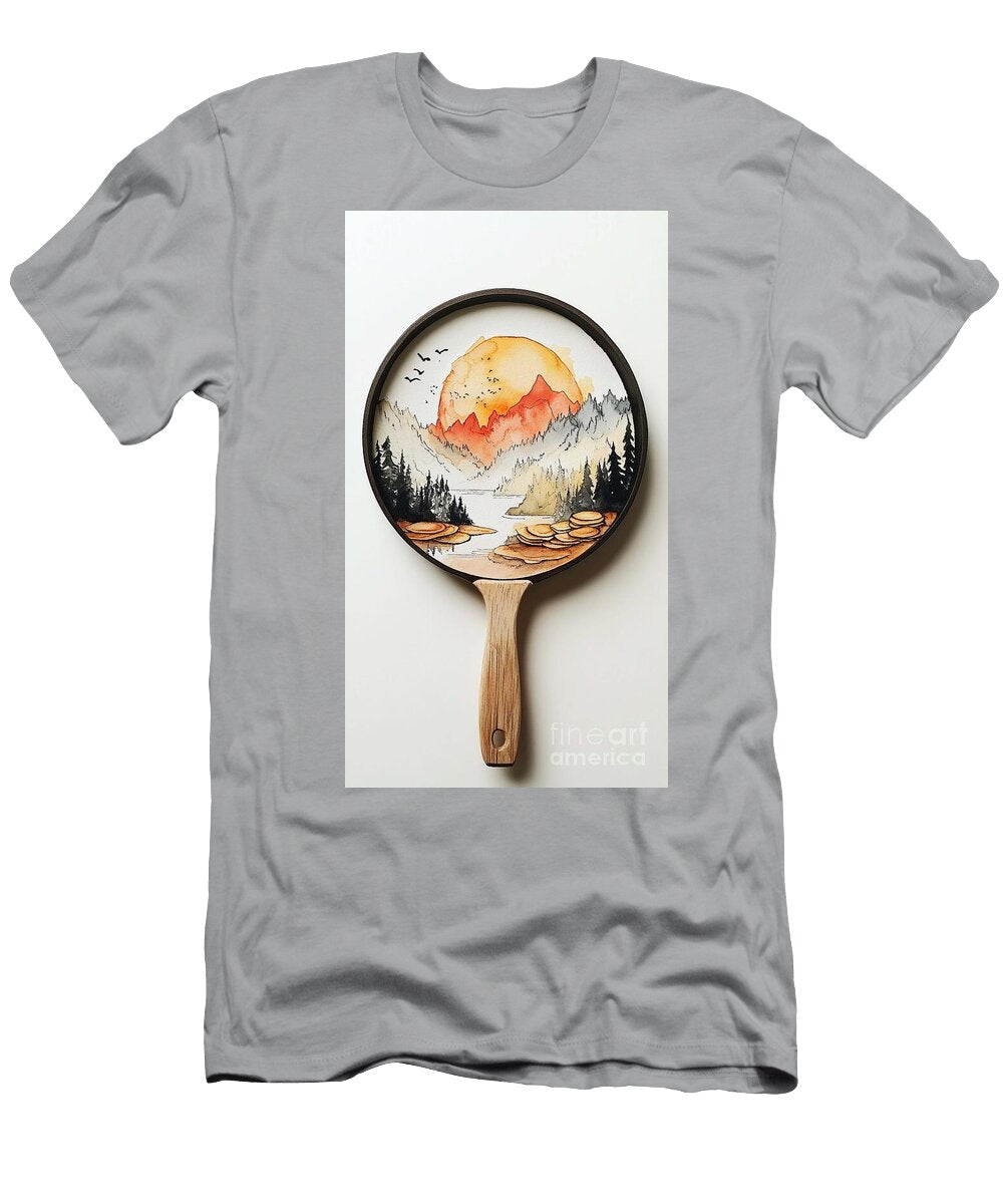Mountain Sunset a Frying Pan with a Whimsical Landscape Made of Pancakes Forest Scenery Watercolor P Clint Mclaughlin T-Shirt