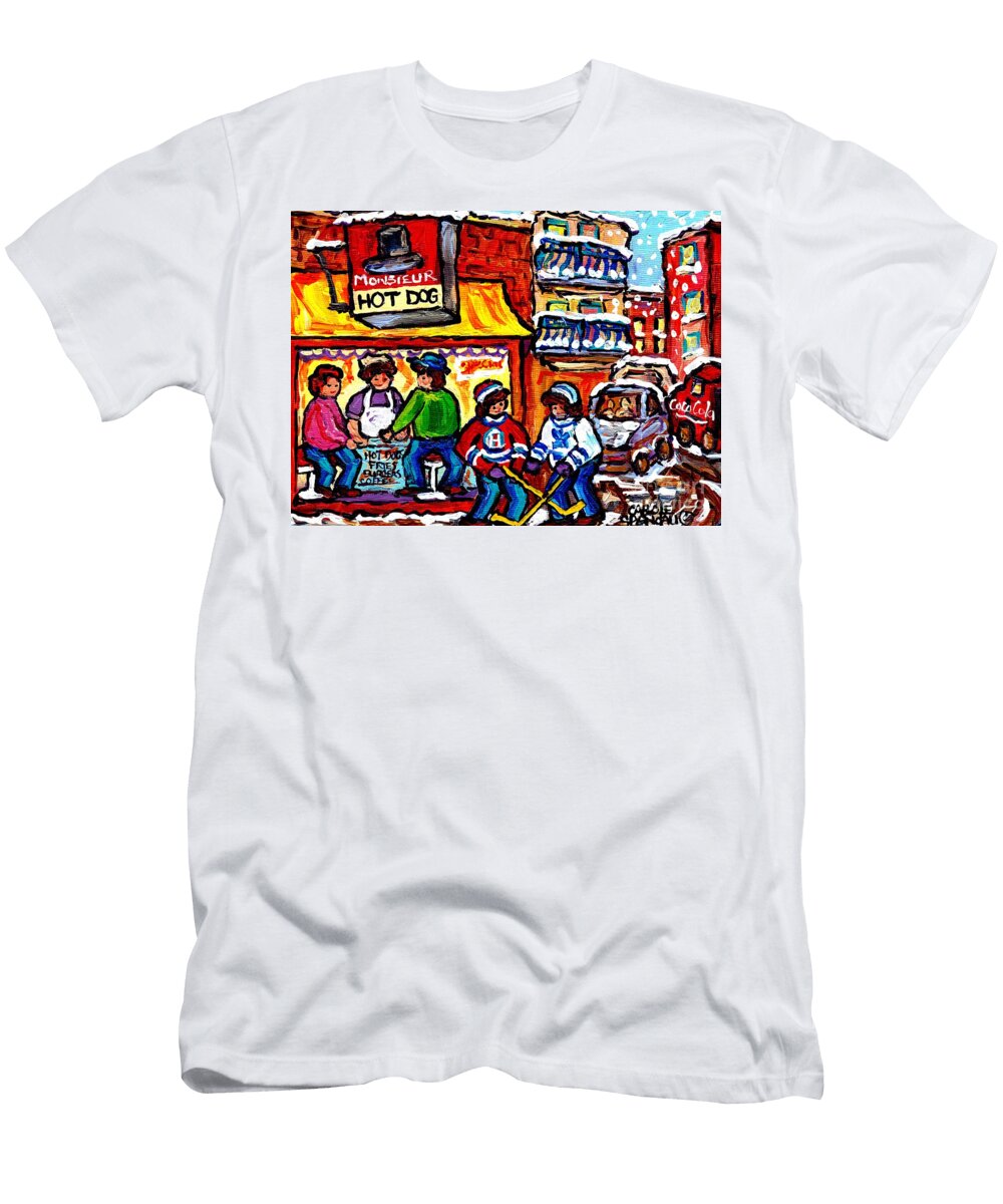 Mr Hot Dog Montreal Snowy Winter City Scenes Hockey Art Canadian Artist Carole Spandau Carole Spandau T-Shirt