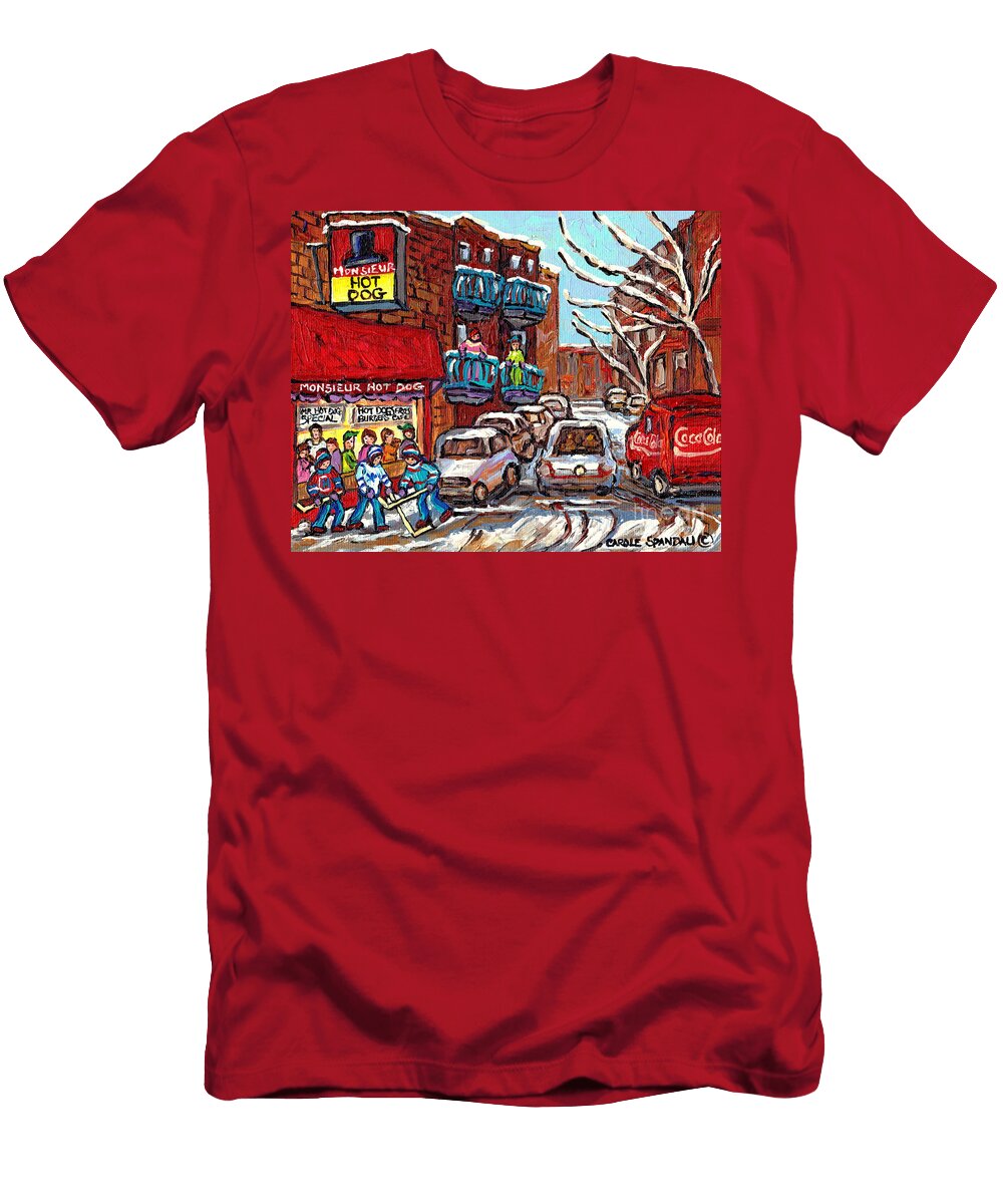 Mr Hot Dog Restaurant Montreal Memories Hockey Game Winter Street Scene Canadian Art Carole Spandau Carole Spandau T-Shirt