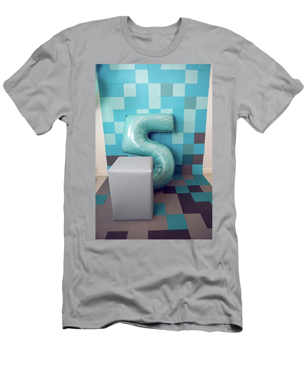 Multicolored Square Background Pixel Blue Gray with Square and Number 5 Discount Elena Saulich T-Shirt