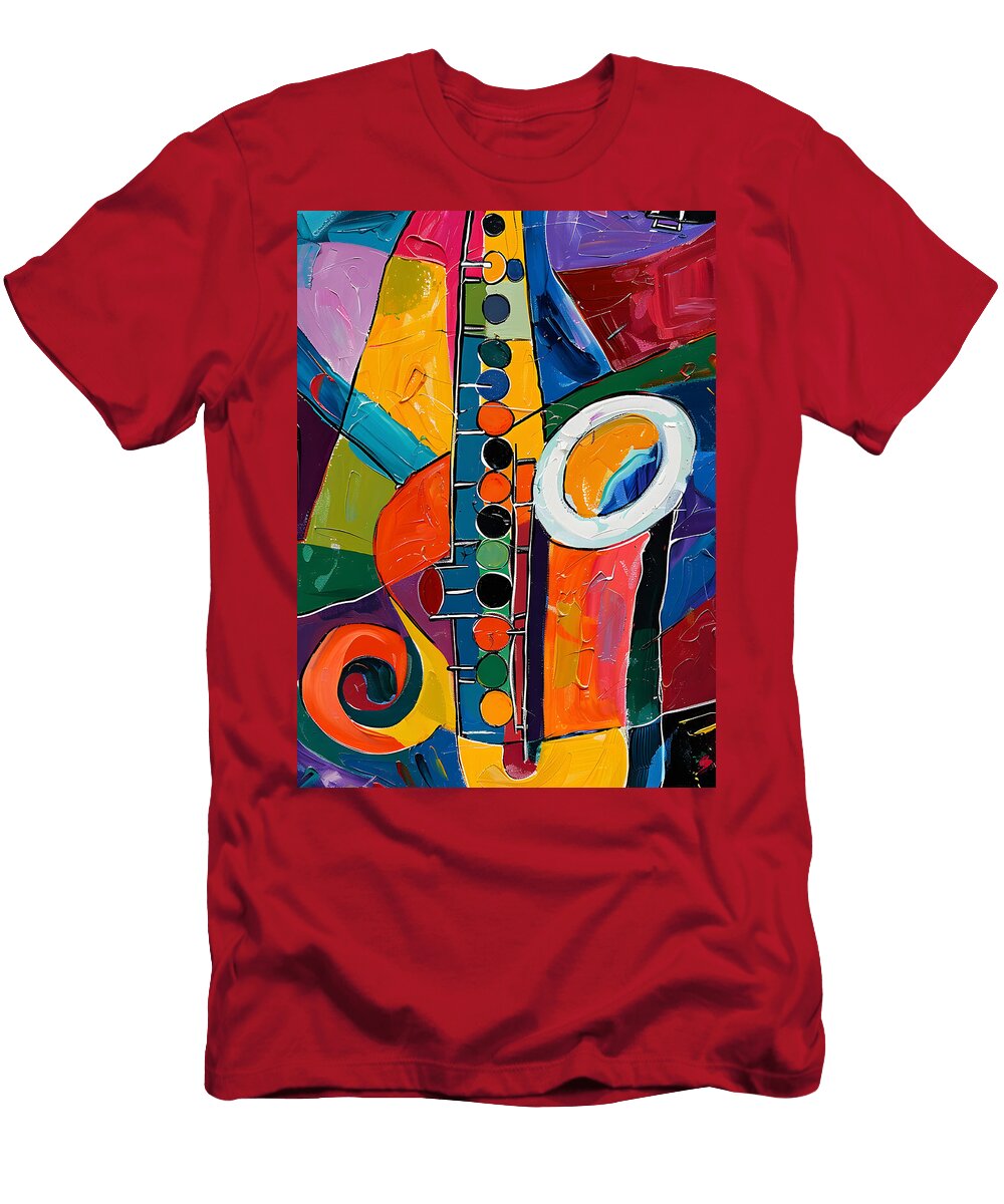 Musical Fusion Vibrant Saxophone Collides with Dynamic Shapes in Abstract Harmony Olfactoart Studio T-Shirt