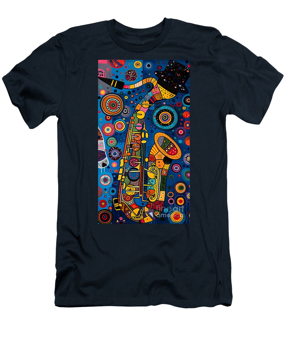 Musical Saxophone Celebration Bold Shapes and Dynamic Background Olfactoart Studio T-Shirt