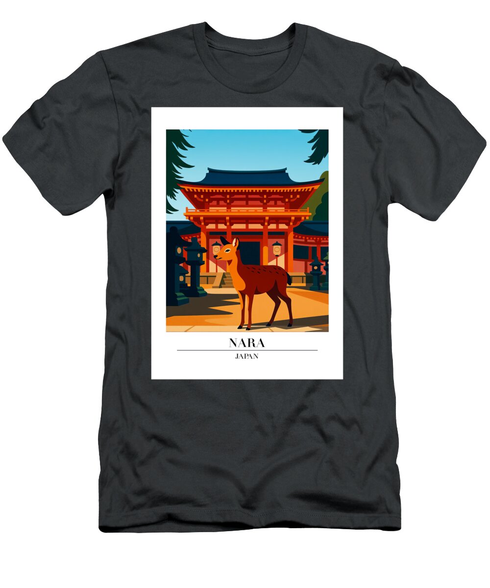 Nara Japan Deer Temple Poster Minimalist Travel Illustration Japanese Shrine Scenic Wall Art Will Ziman T-Shirt
