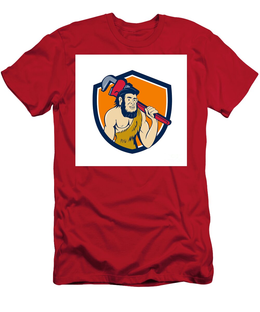 Neanderthal Caveman Plumber Monkey Wrench Shield Cartoon Aloysius Patrimonio T-Shirt