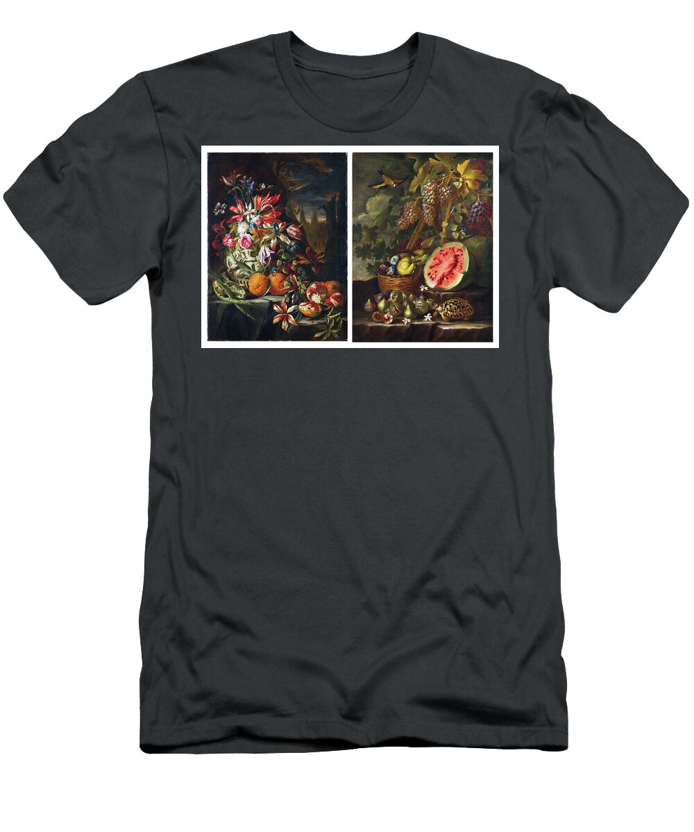 Neapolitan School Century Fruit and Flowers in a Sculptured Vase and Fruit and a Tortoise on a Stone Celestial Images T-Shirt