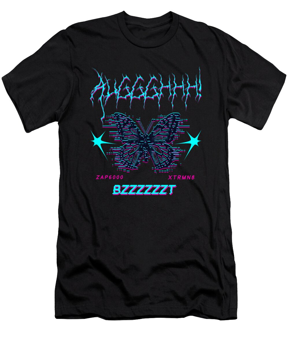 Neglitch Butterfly Cyberpunk Neon Cyan Magentaon Butterfly with Text Elements Rhonda Bolianatz T-Shirt