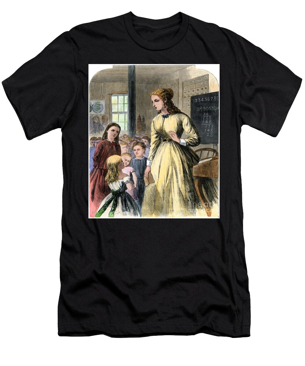 Neighbourhood Teacher Among Her Elementary Students in Her Classroom Mid 19th Century Illustration 19th Century Engraving on Wood Colour American School T-Shirt