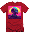 Neon Colored Skull with Glowing Eyes Against a Sunset Backdrop Lupena Wool T-Shirt