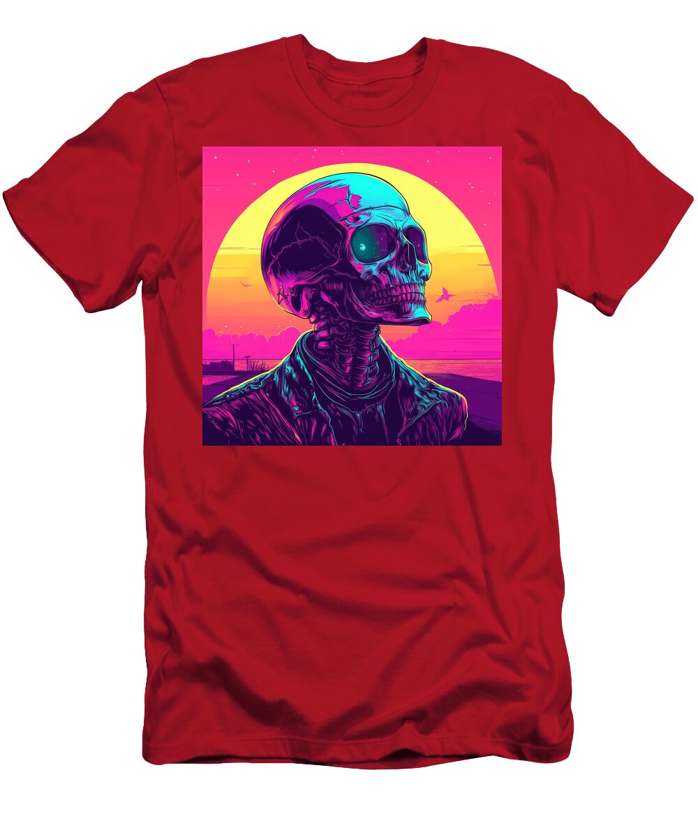 Neon Colored Skull with Glowing Eyes Against a Sunset Backdrop Lupena Wool T-Shirt