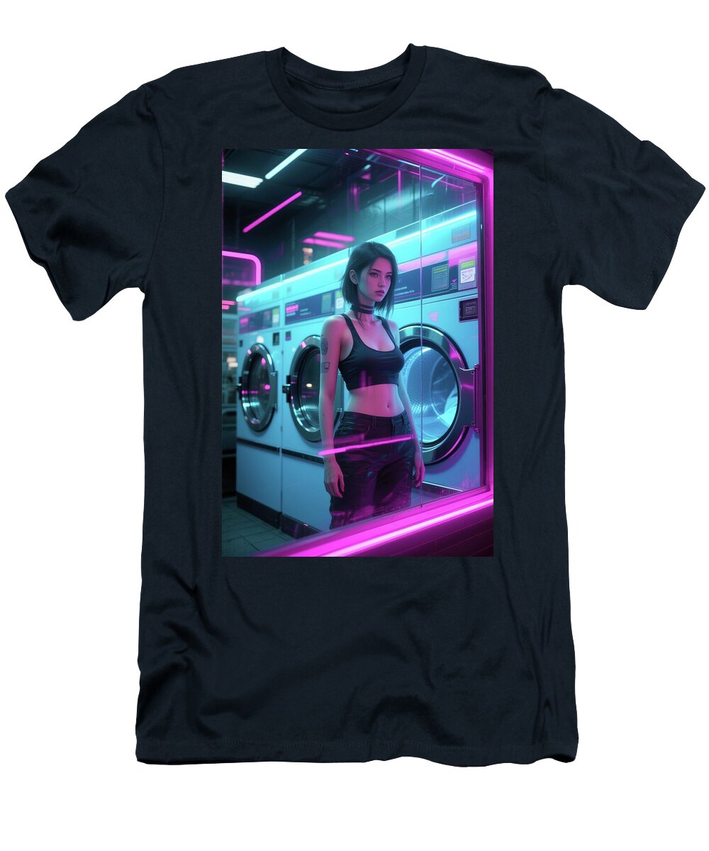 Neon Cyberpunk Laundromat Woman Matthias Hauser T-Shirt