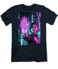 Neon Cyberpunk Woman with Holographic Hand Interface Matthias Hauser T-Shirt