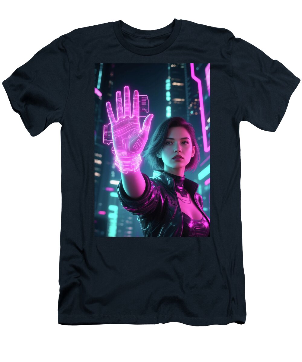 Neon Cyberpunk Woman with Holographic Hand Interface Matthias Hauser T-Shirt