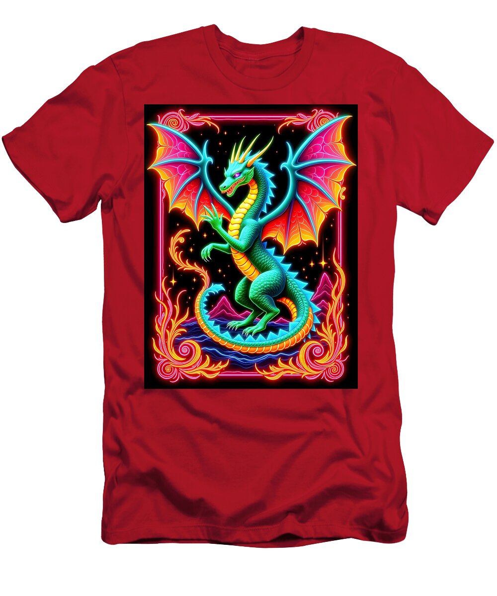 Neon Dragon Rainbow Wings Electric Glow Fantasy Art David Enders T-Shirt