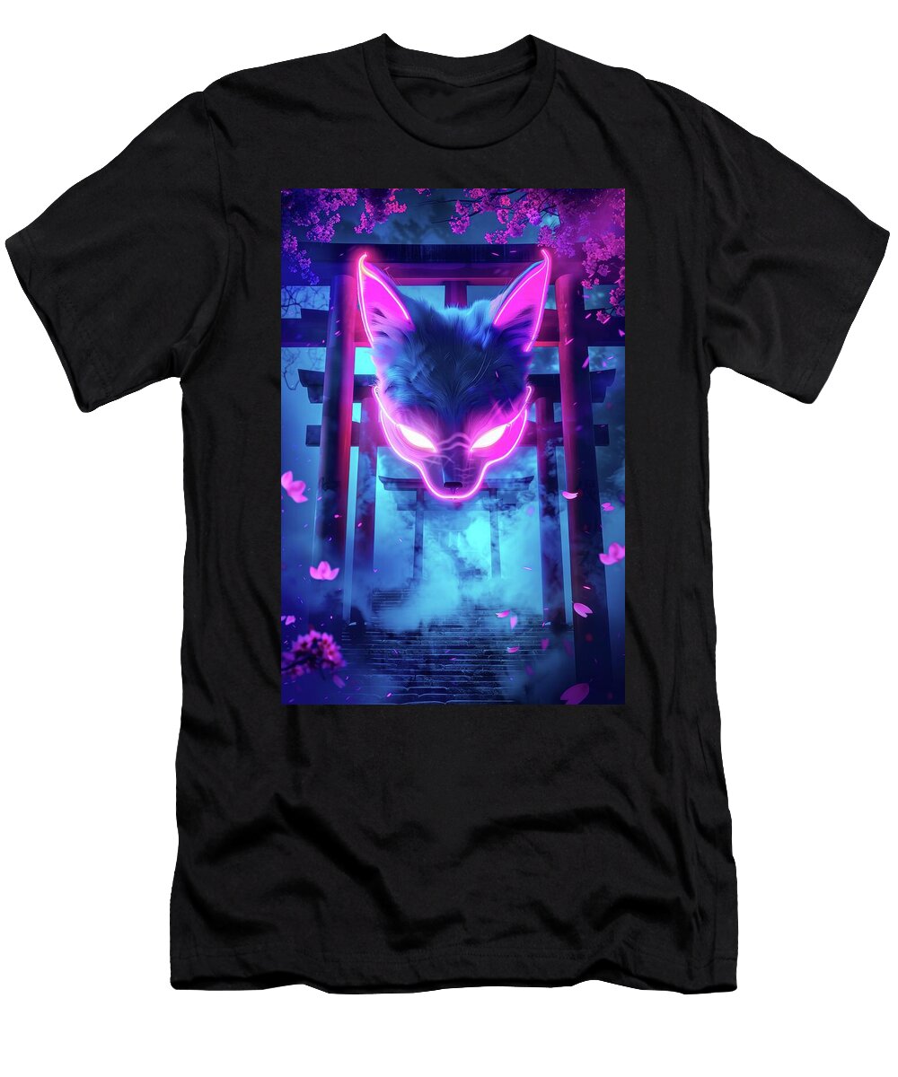 Neon Kitsune Above Torii Gate Matthias Hauser T-Shirt