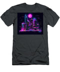 Neon Lit Cityscape At Night with a Bright Moon Kristy San T-Shirt