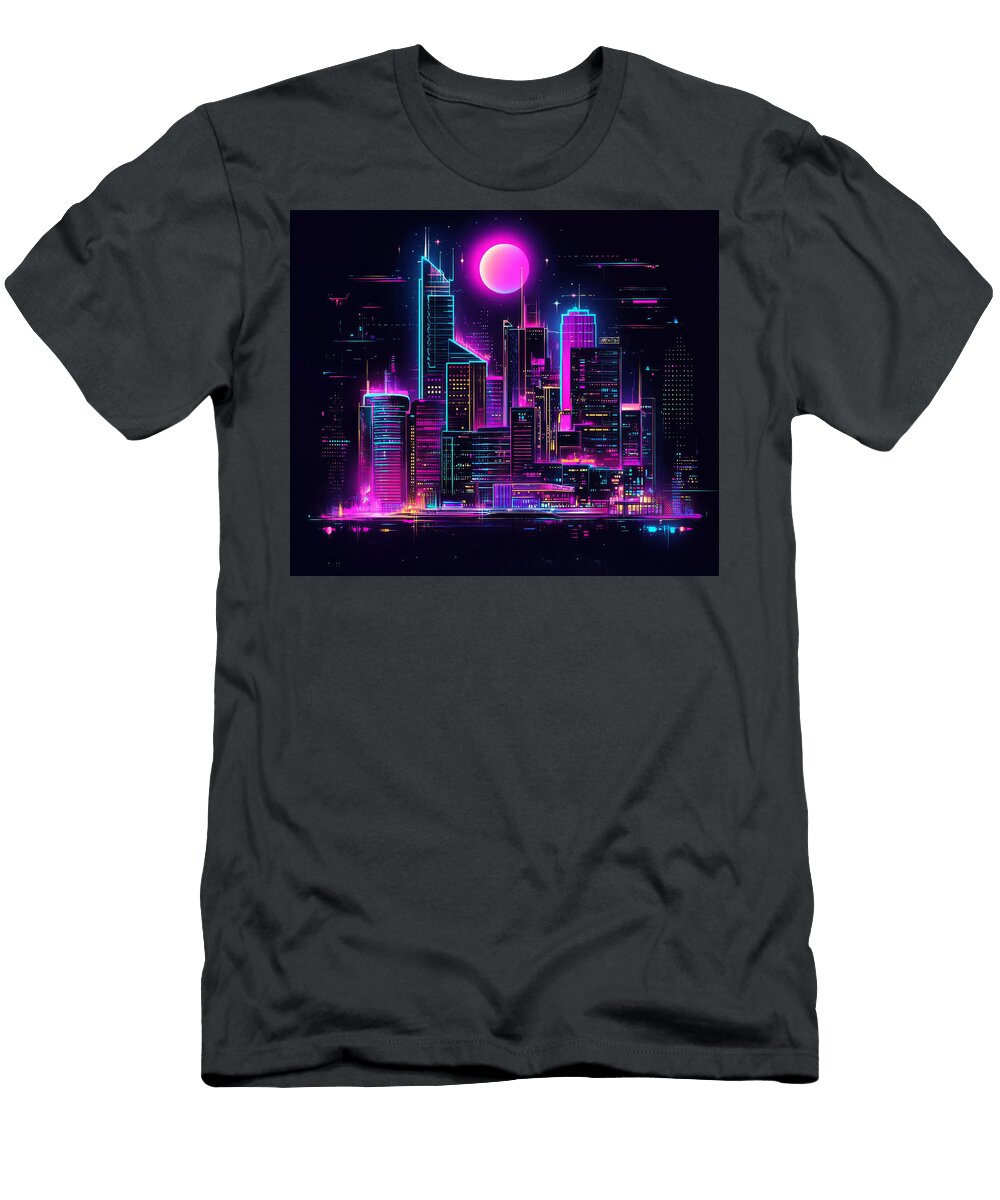 Neon Lit Cityscape At Night with a Bright Moon Kristy San T-Shirt