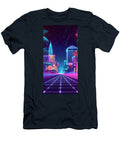 Neon Lit Cityscape with Gridded Road Retro Futuristic Vibe Aseka Mukasa T-Shirt
