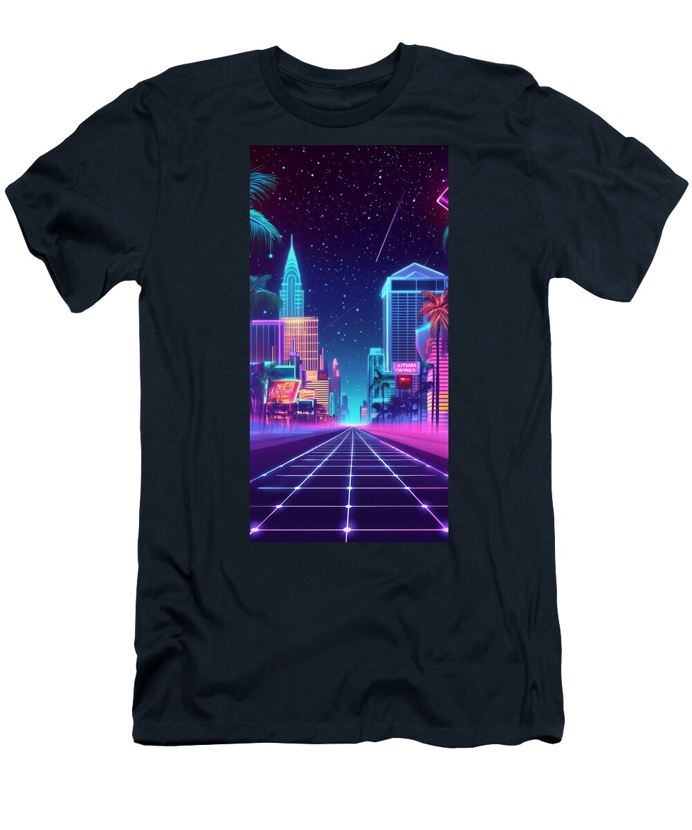 Neon Lit Cityscape with Gridded Road Retro Futuristic Vibe Aseka Mukasa T-Shirt