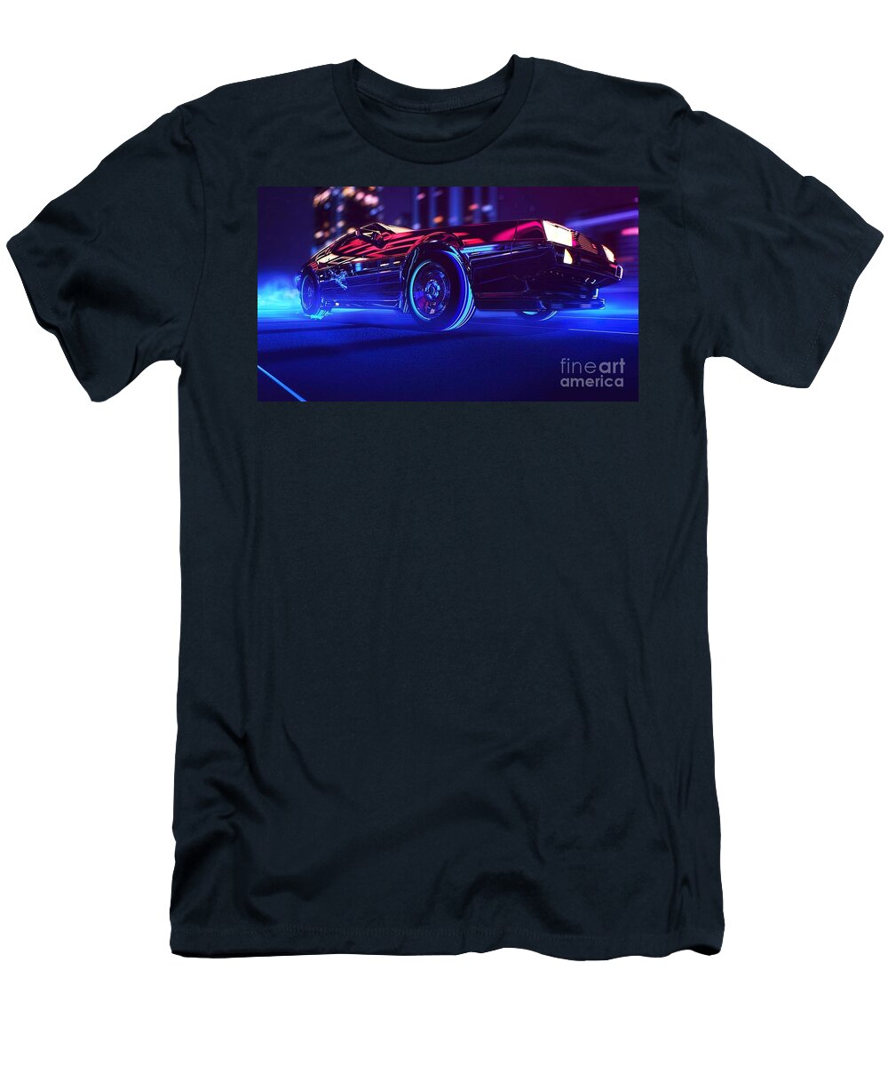 Neon Synthwave 1980s Delorean Khan Bethany T-Shirt