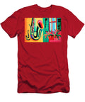 New Orleans Jazz Serenade a Vibrant Saxophone Framed By Colorful Shutters and Lush Greens Olfactoart Studio T-Shirt