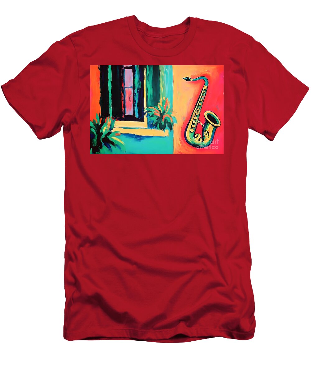 New Orleans Jazz Vibes a Saxophone Serenade Framed By Lush Greenery Olfactoart Studio T-Shirt
