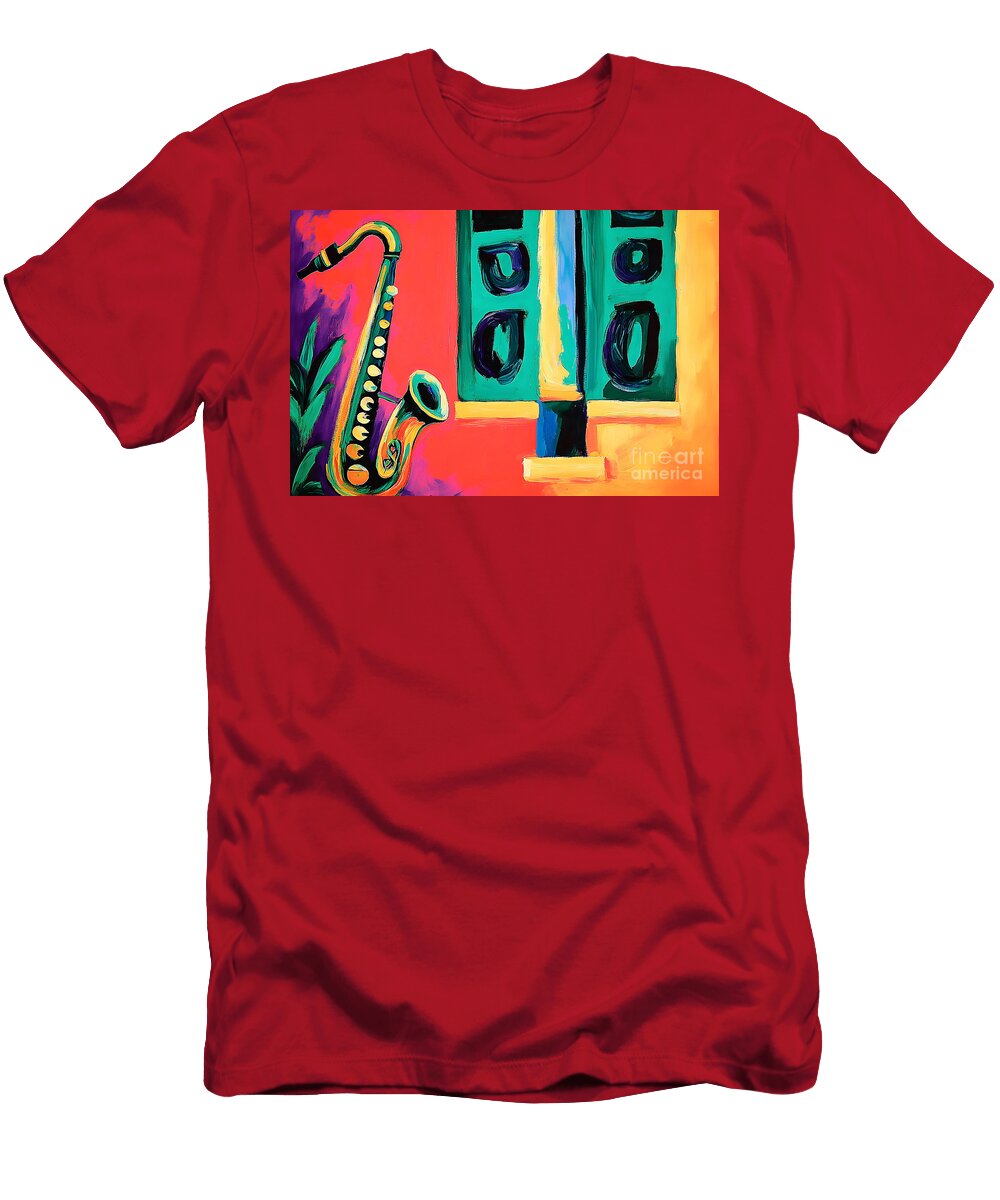 New Orleans Rhythms a Vibrant Saxophone Echoing Through Colorful Streets Olfactoart Studio T-Shirt