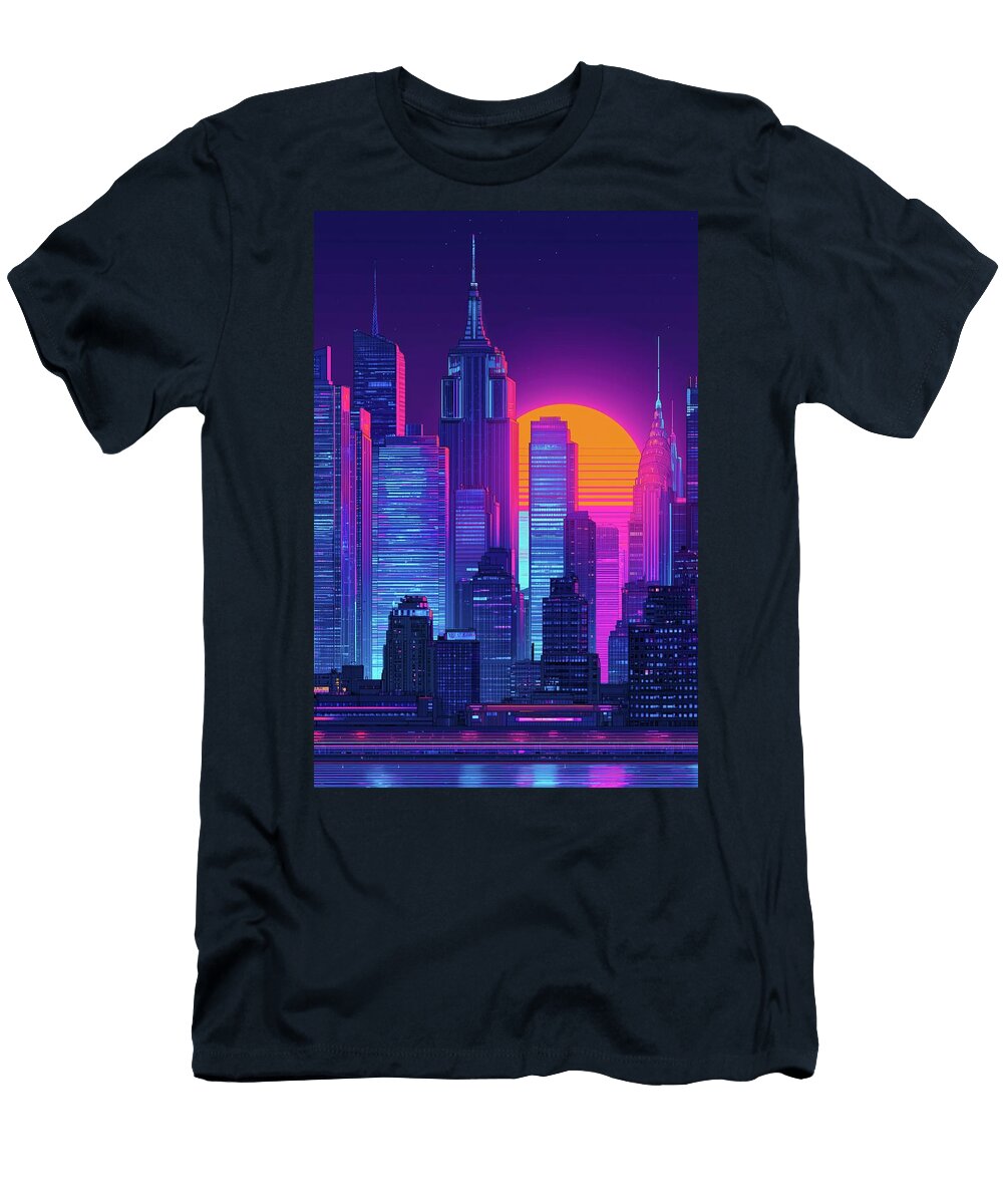New York City Neon Skyline Retro Sun Empire State View Skylinevistas T-Shirt