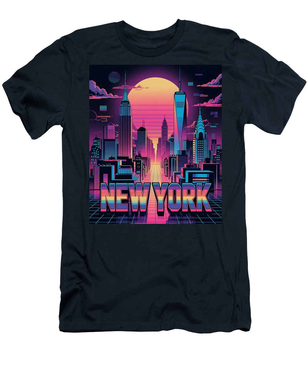 New York City Skyline in Vaporwave Neon with Retro Typography Hakim Degou T-Shirt