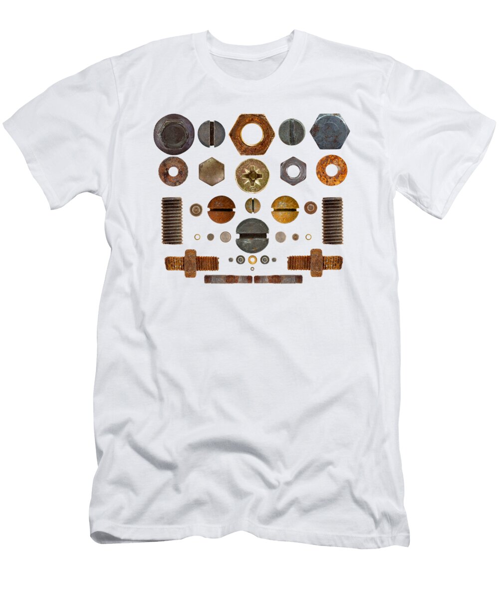 Nuts Rivets Bolt Heads and Screws on Background Michal Boubin T-Shirt
