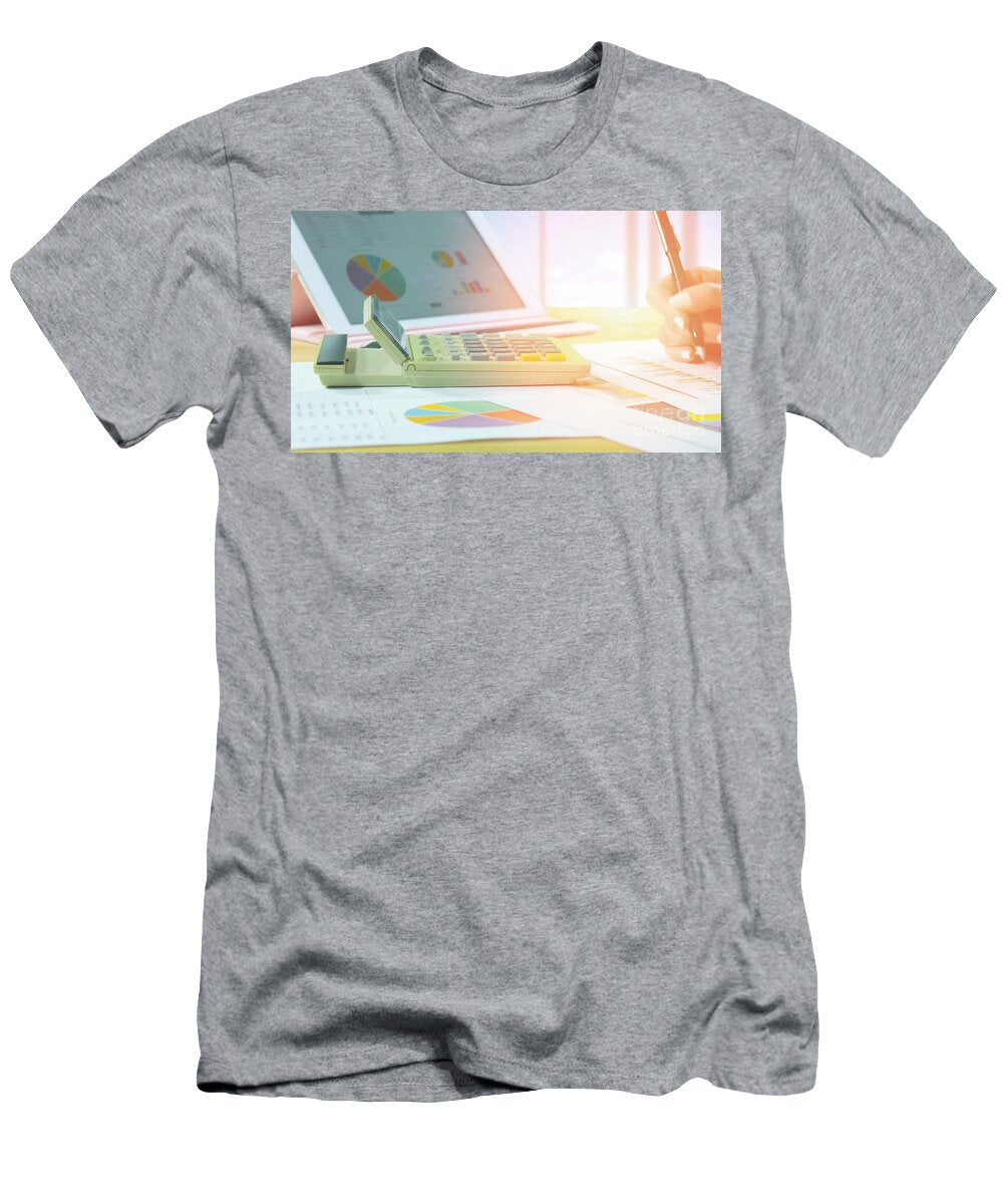Office Desk with Female Hands Graphs Calculator and Pc Device Milleflore Images T-Shirt