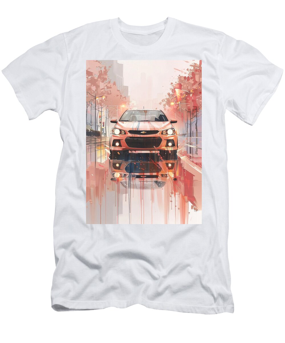 Orange Chevrolet Sonic Car Reflection in City Street Digital Art Painting Destiney Sullivan T-Shirt