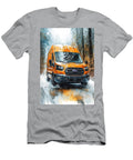 Orange Ford Transit Van Driving on Snowy Road in Forest Kari Goldfalse T-Shirt