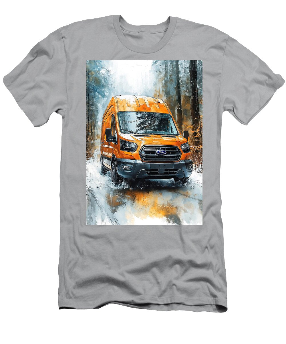 Orange Ford Transit Van Driving on Snowy Road in Forest Kari Goldfalse T-Shirt