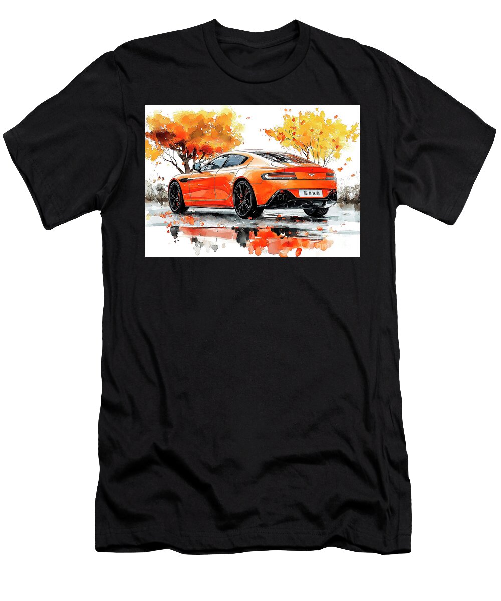 Orange Luxury Sports Aston Martin Rapide Car in Autumn Leaves Clark Leffler T-Shirt