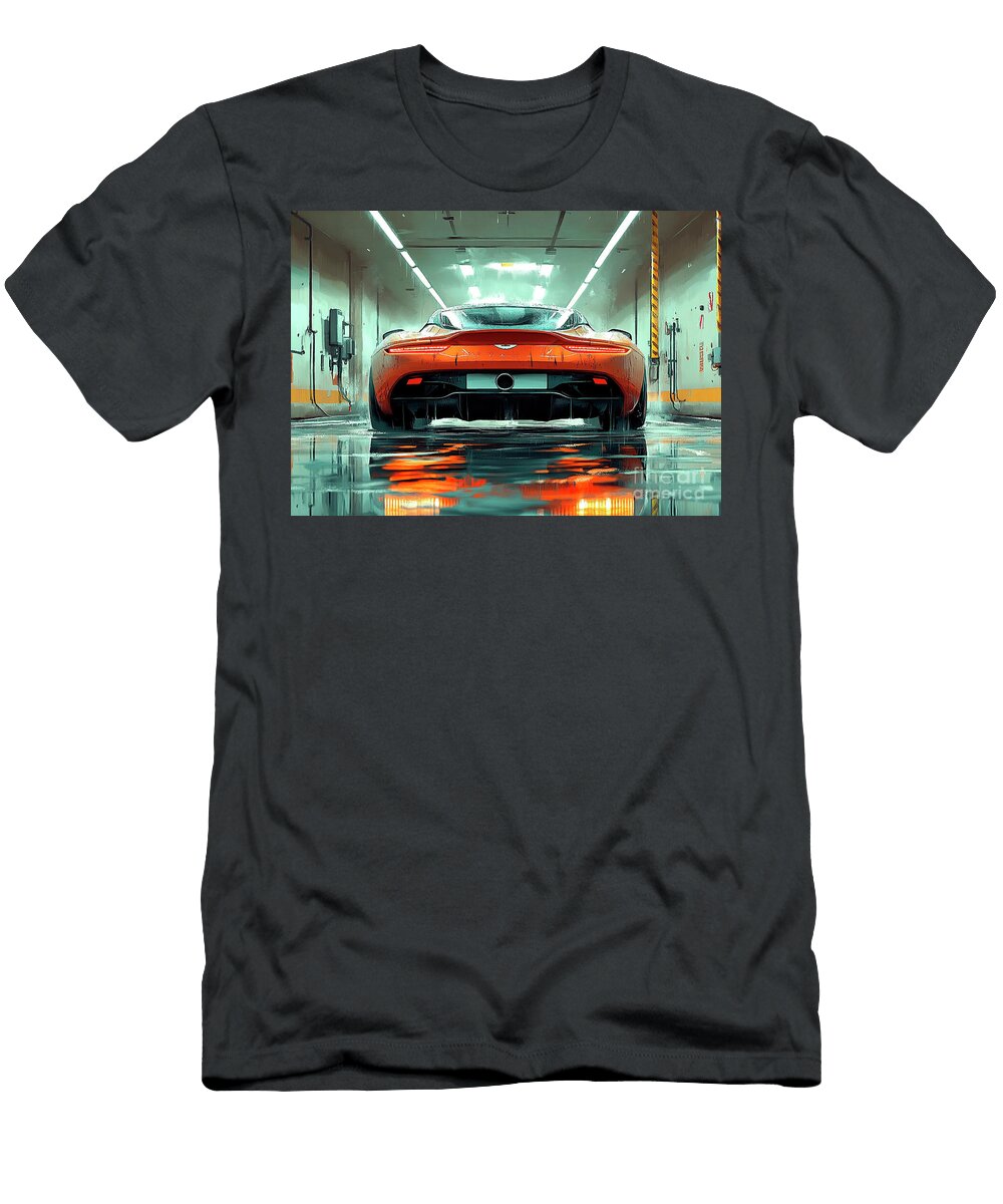 Orange Sports Aston Martin Virage Car in Garage with Wet Asphalt Clark Leffler T-Shirt