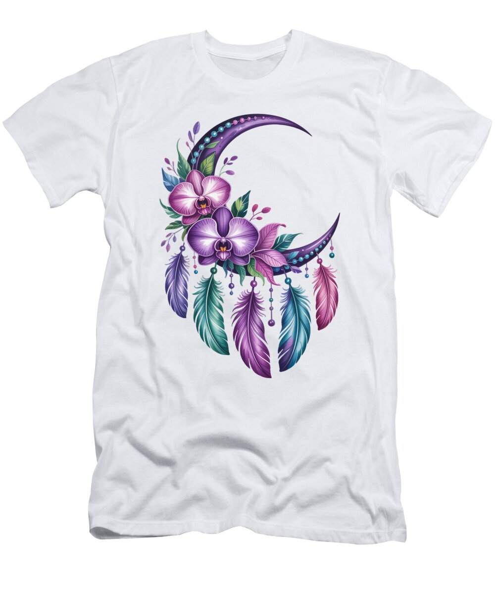 Orchid and Feather Crescent Design Joanna Redesiuk T-Shirt