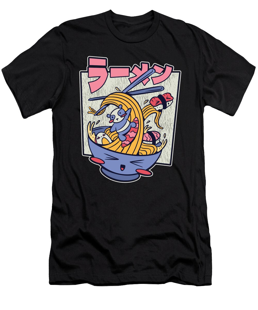 Otaku Anime Kawaii Surfing Panda in Japanese Ramen Fuzius T-Shirt