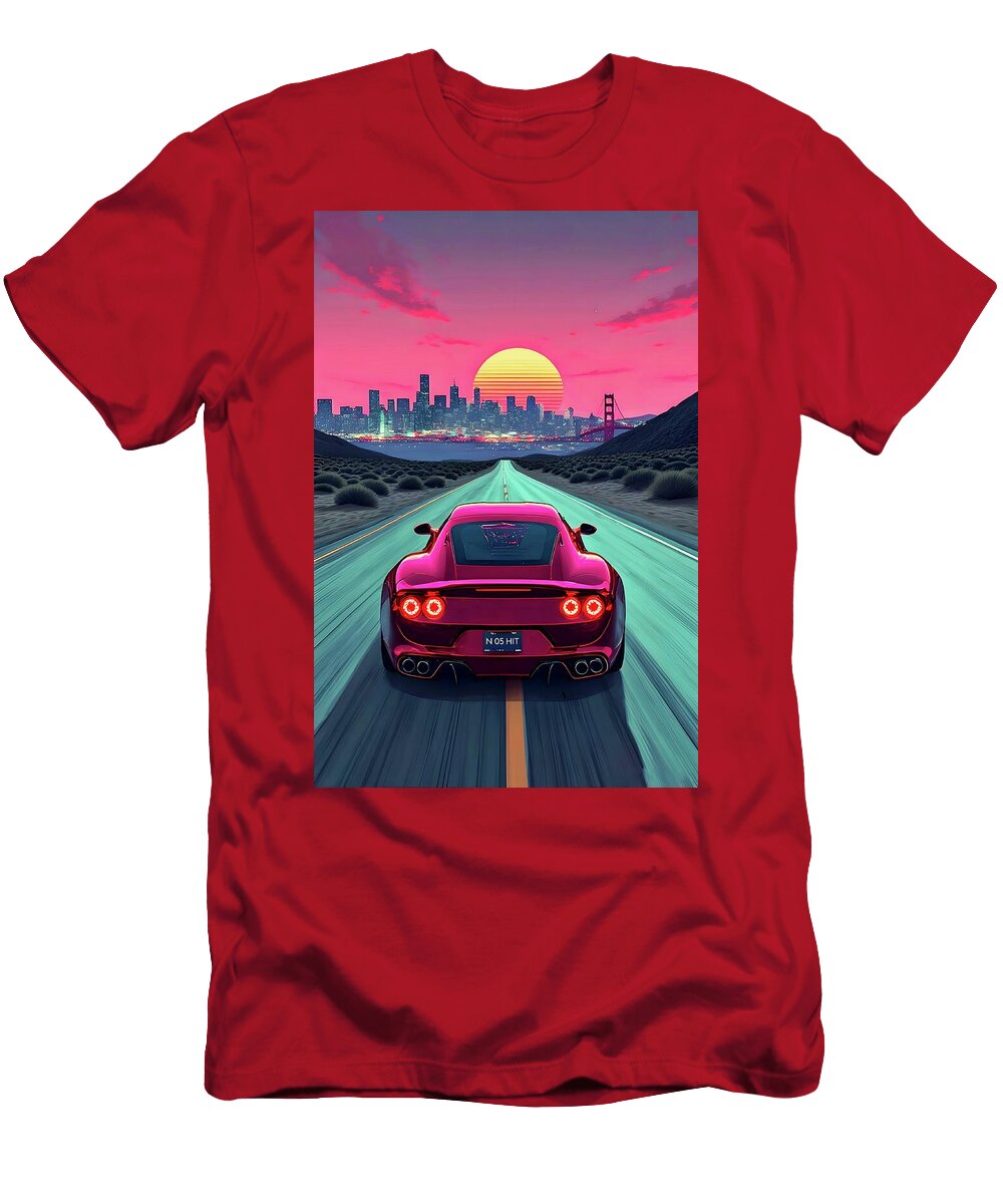 Outrun Aesthetic Red Ferrari Supercar in Neo San Francisco the Faded Pigment T-Shirt