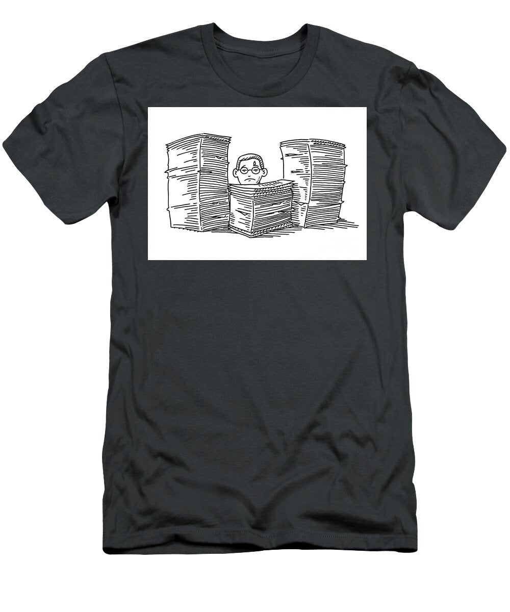 Over Worked Office Employee Stack of Paperwork Drawing Frank Ramspott T-Shirt