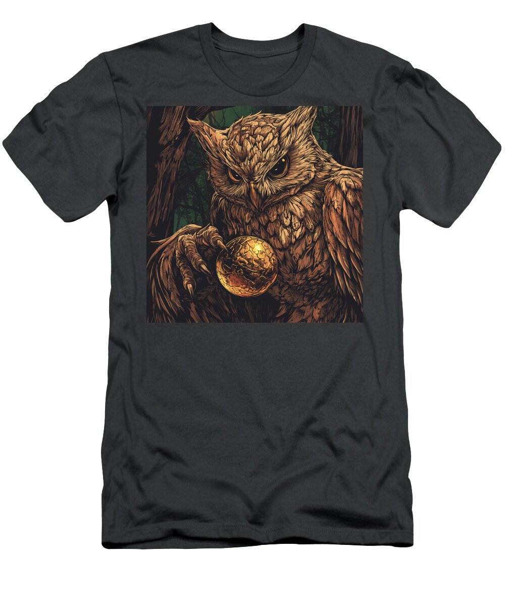 Owl Clutching Golden Orb Intense Gaze Dark Forest Background Emerson Rronin T-Shirt