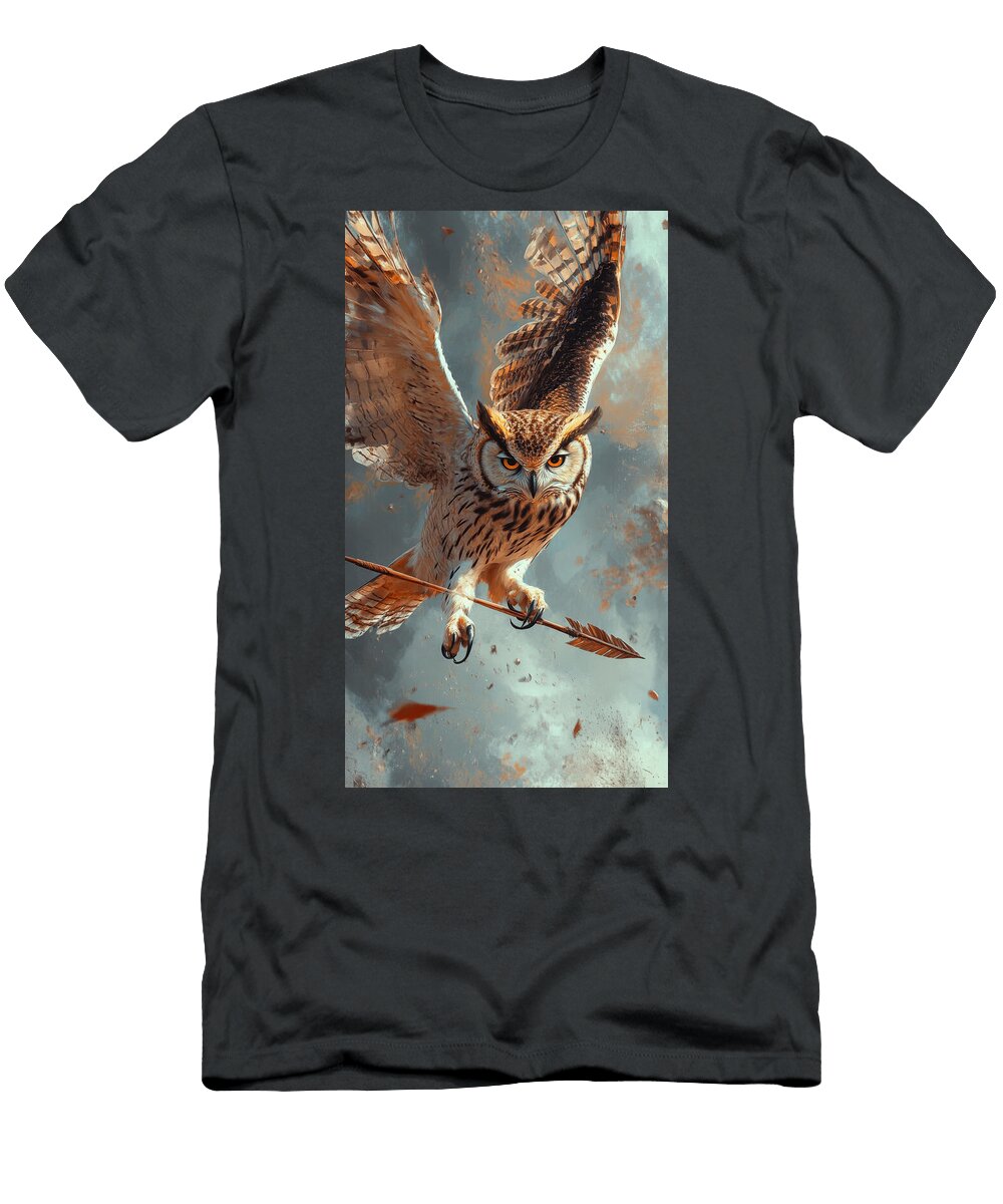 Owl in Flight Clutching an Arrow Mid Air Lewis Flowers T-Shirt