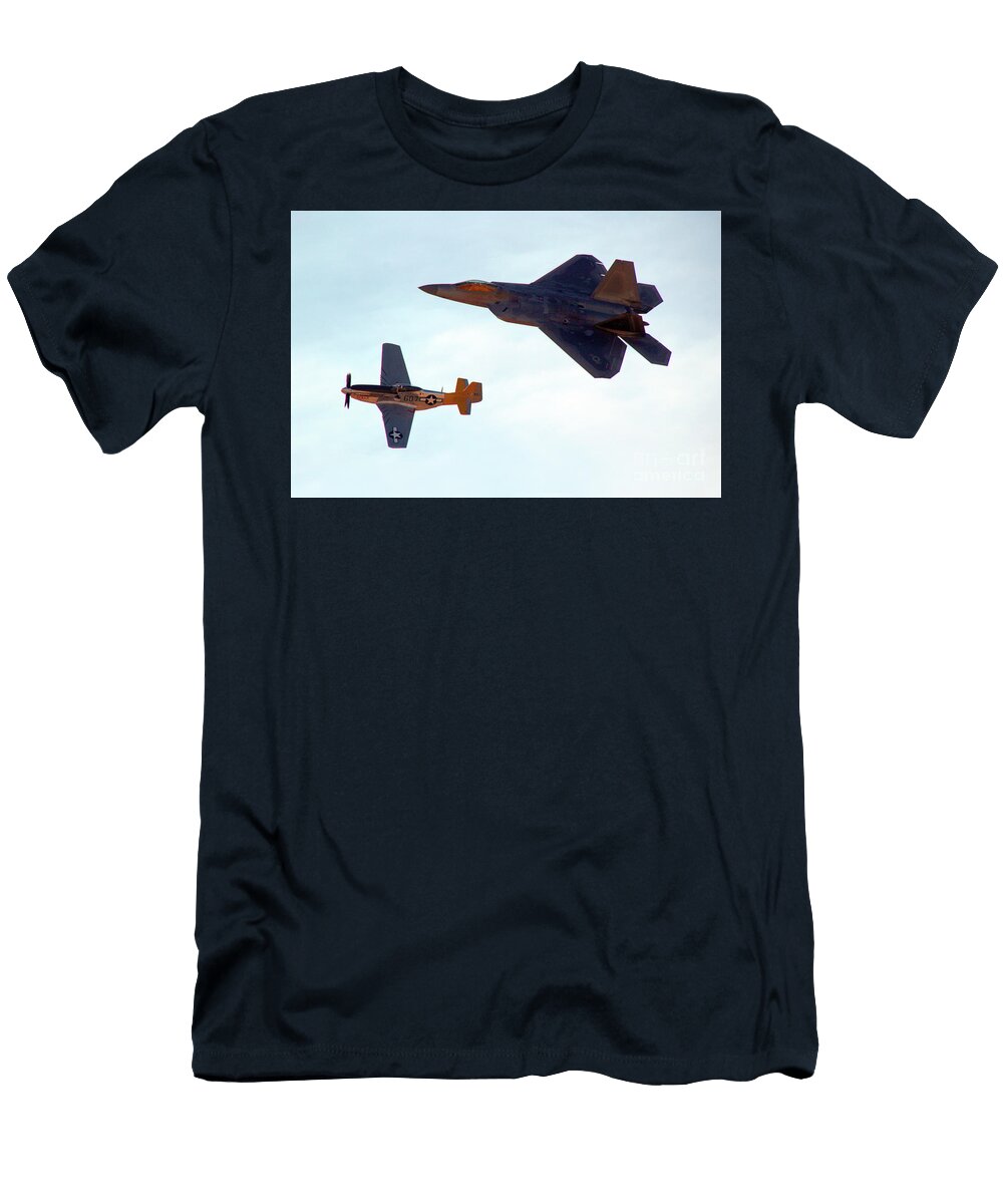 P 51 and F 22 Heritage Flight Over Sonoma County Airport Califo Wernher Krutein T-Shirt