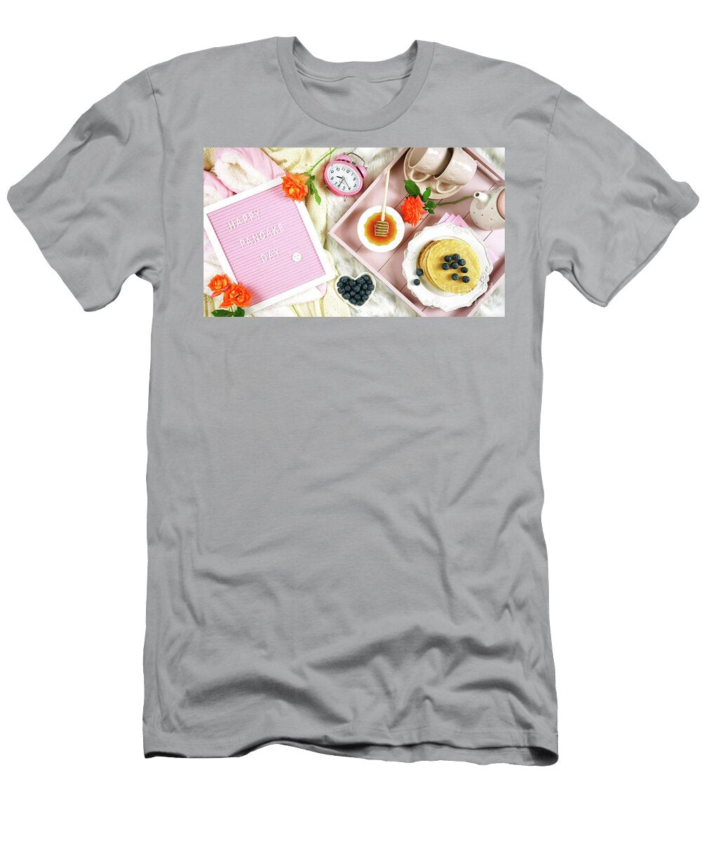 Pancake Breakfast Tray in Bed with Syrup and Blueberries Fruit Flat Lay Milleflore Images T-Shirt