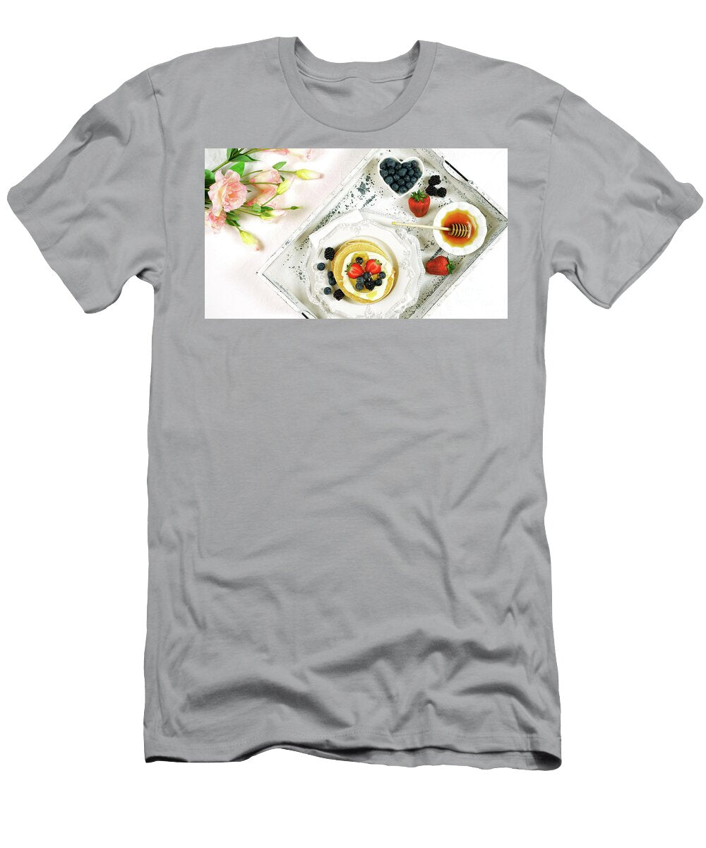 Pancake Breakfast Tray on Table with Syrup and Blueberries Fruit Flat Lay Milleflore Images T-Shirt