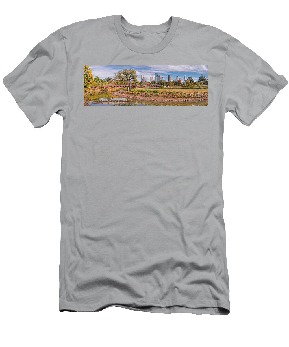Panorama of Carruth Pedestrian Bridge Buffalo Bayou Downtown Houston Skyline in the Fall Texas Silvio Ligutti T-Shirt