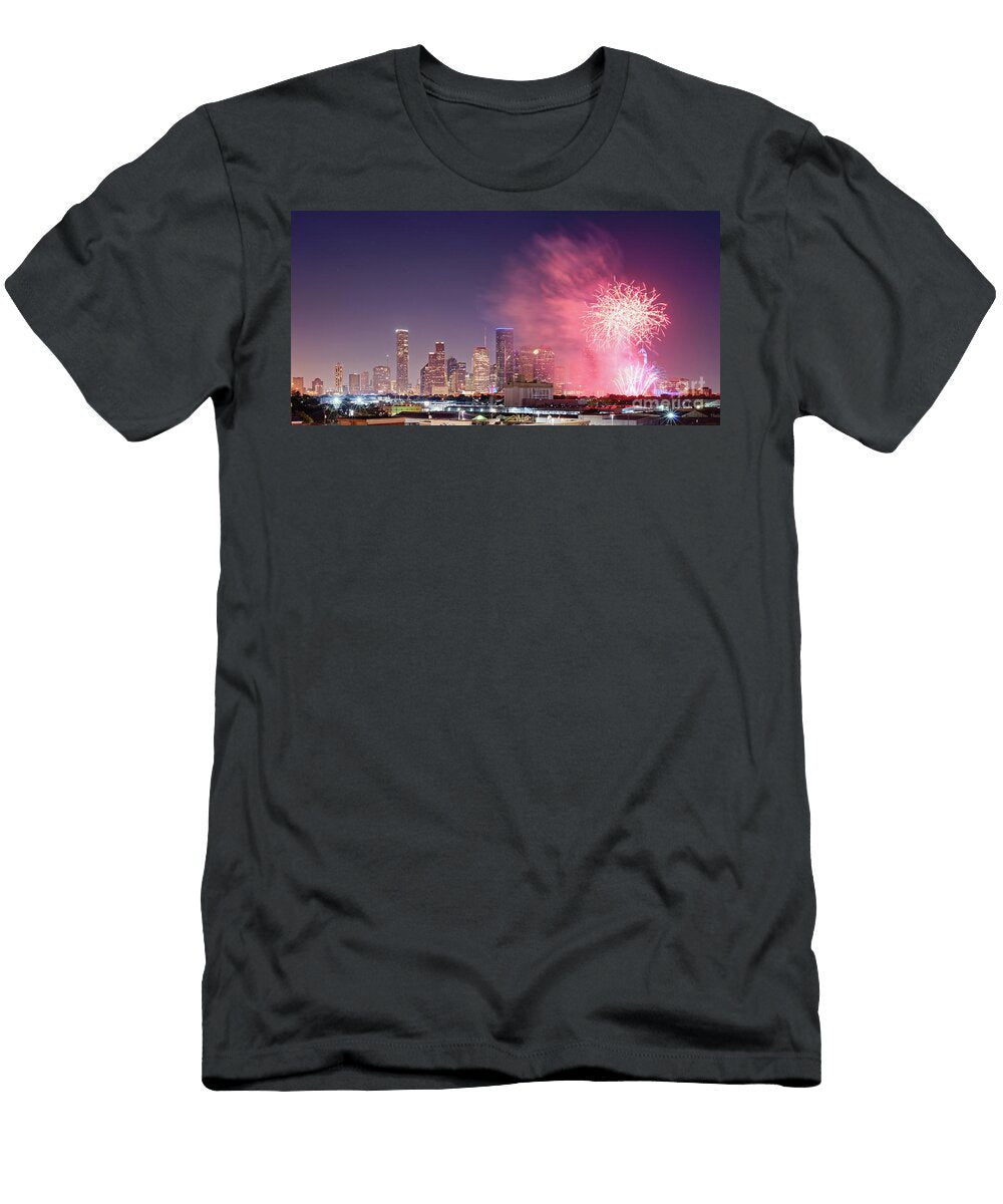 Panorama of Downtown Houston Skyline Fireworks on the 4th of July Harris County Texas Silvio Ligutti T-Shirt