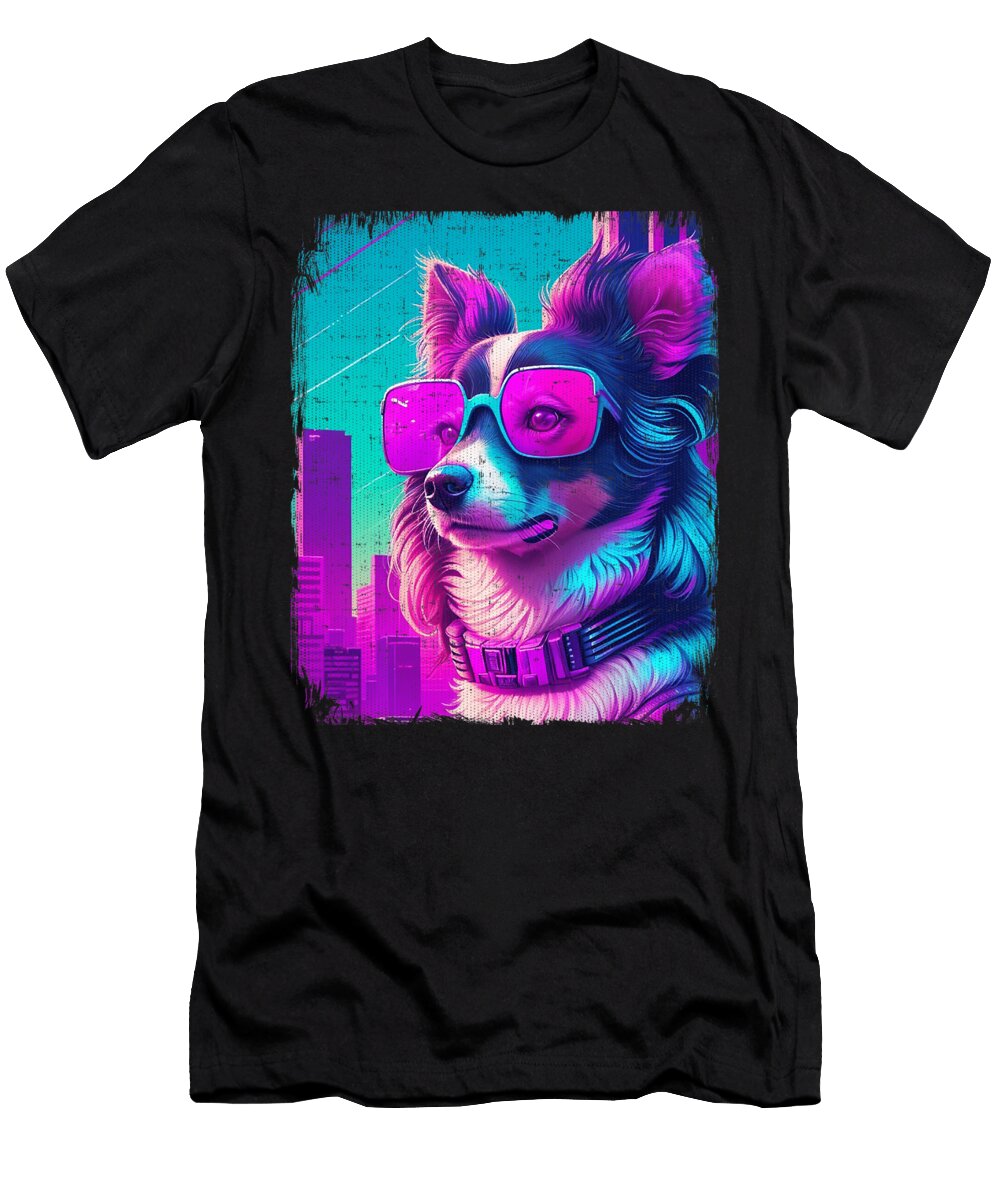 Papillon Dog Cyber Vaporwave 80s Synthwave Yah Lishr T-Shirt