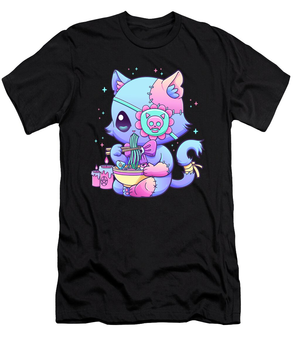 Pastel Goth Aesthetic Kawaii Creepy Cat Eating Ramen Noodles Dazo Dez T-Shirt